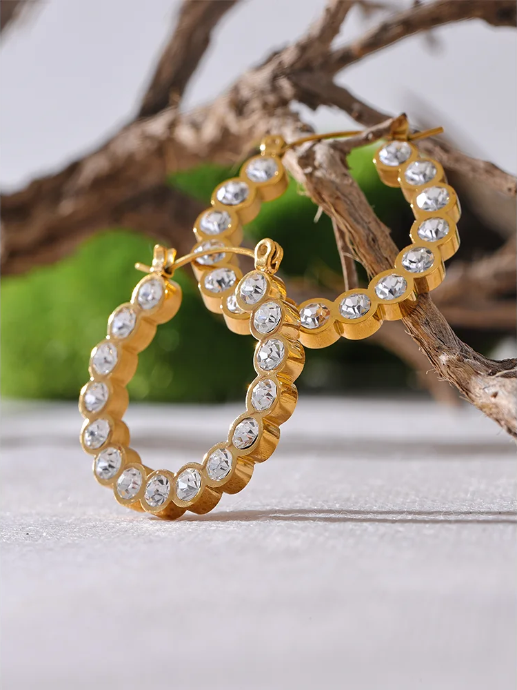 Shiny cubic zirconia round hollow hoop earrings - product image