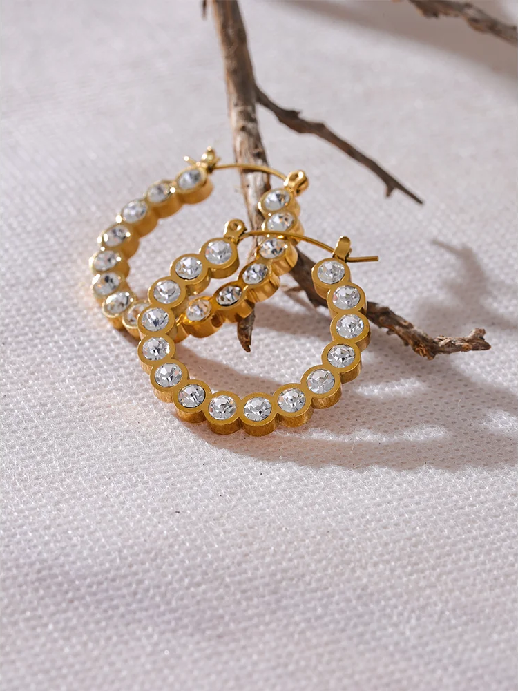 Shiny cubic zirconia round hollow hoop earrings - product image