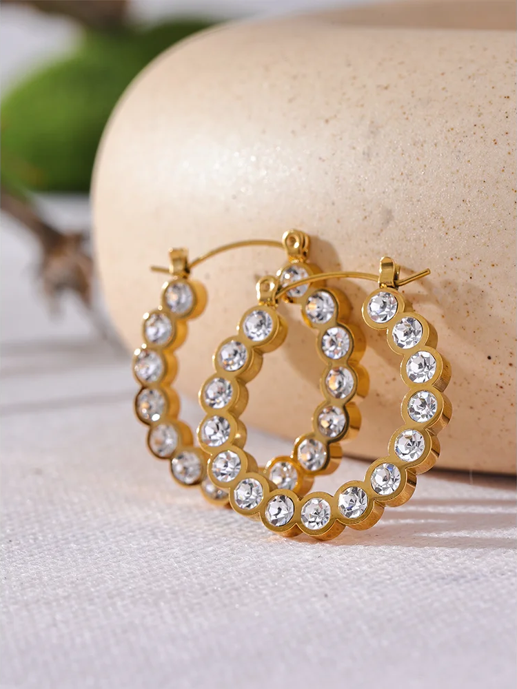 Shiny cubic zirconia round hollow hoop earrings - product image