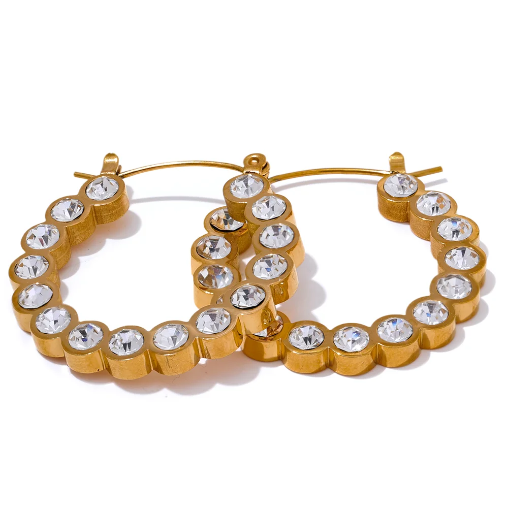 Shiny cubic zirconia round hollow hoop earrings - product image