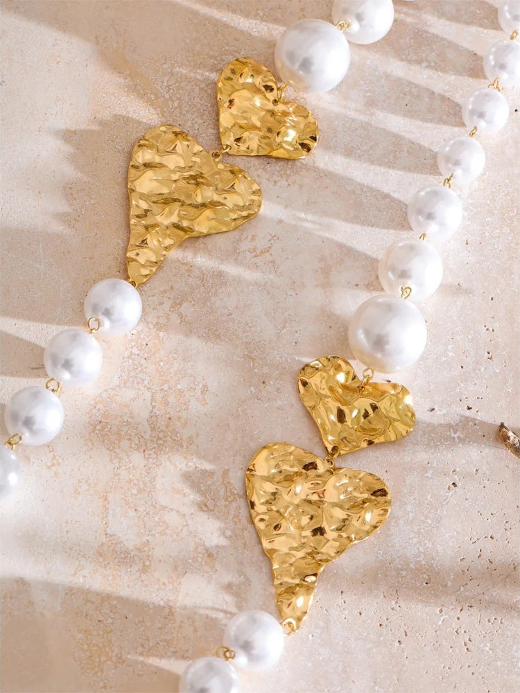 Simulated pearl heart chain sweater necklace - product image