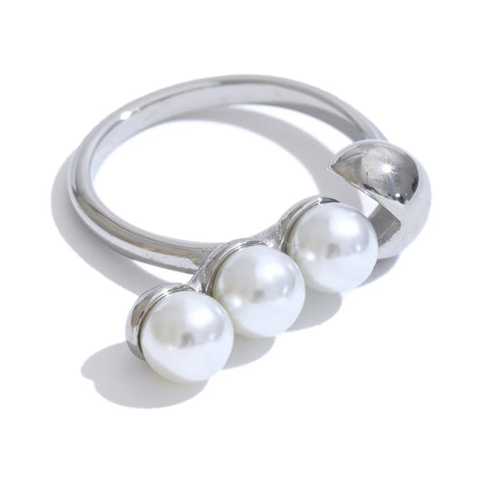Simulated pearl minimalist fashion stainless steel ring - product image