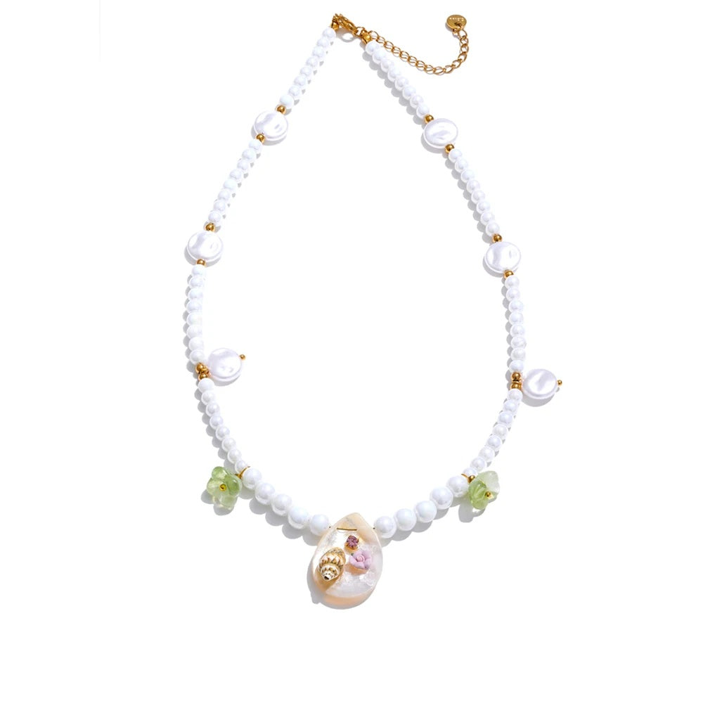 Simulated pearls beads chain conch pendant necklace - product image