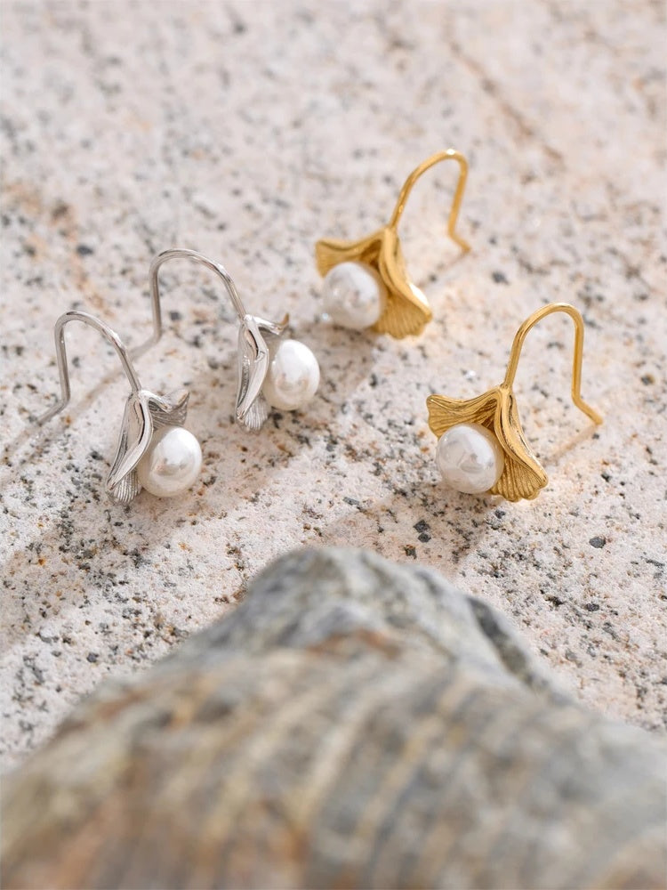 Simulated pearls ginkgo biloba drop earrings - product image