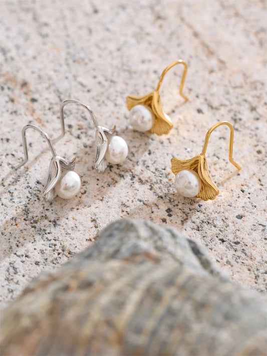Simulated pearls ginkgo biloba drop earrings - product image