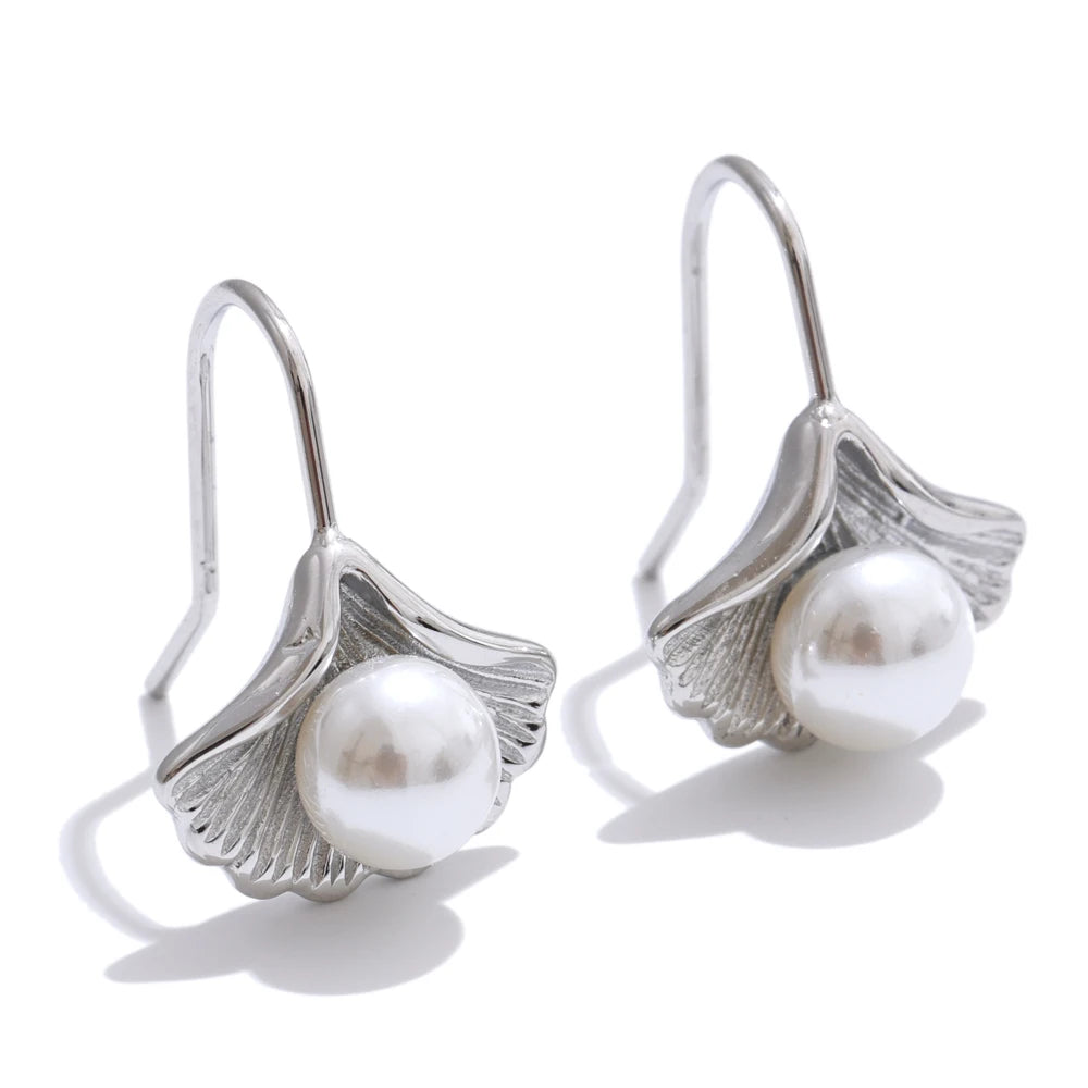 Simulated pearls ginkgo biloba drop earrings - product image