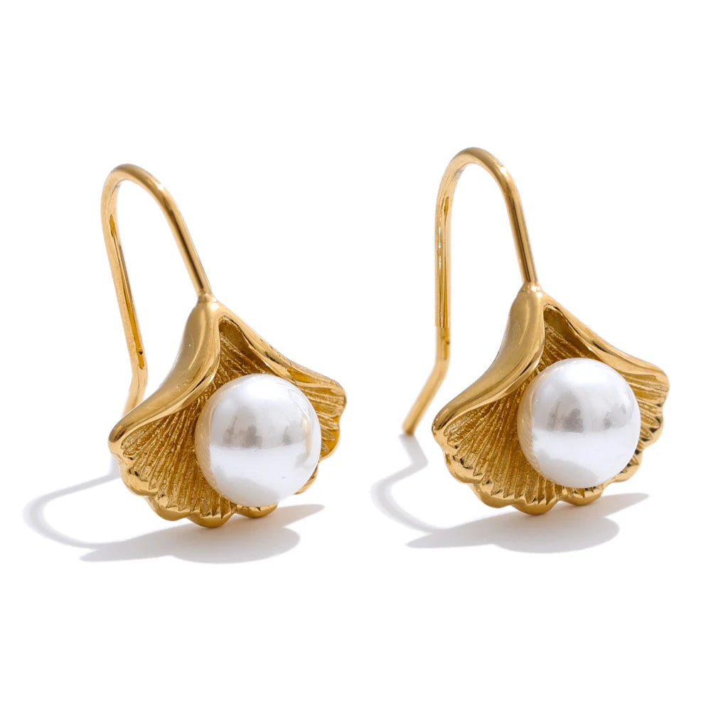 Simulated pearls ginkgo biloba drop earrings - product image