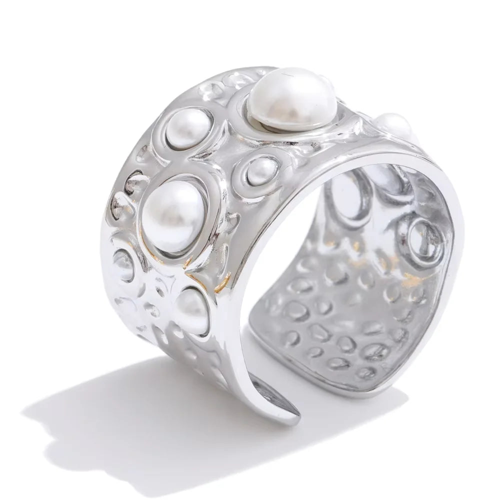 Simulated pearls hammer metal fashion cuff bracelet - product image