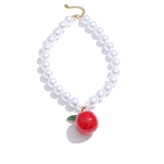Simulated pearls round beads fruit apple pendant necklace - product image