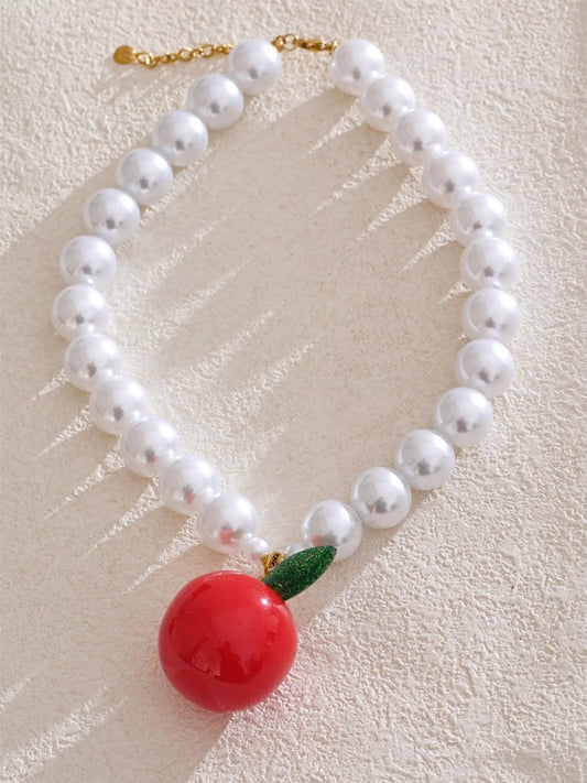 Simulated pearls round beads fruit apple pendant necklace - product image