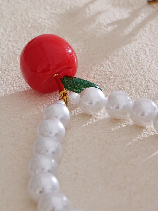 Simulated pearls round beads fruit apple pendant necklace - product image