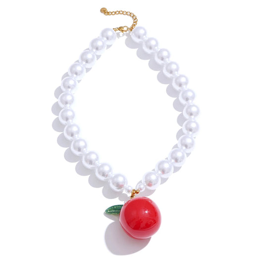 Simulated pearls round beads fruit apple pendant necklace - product image