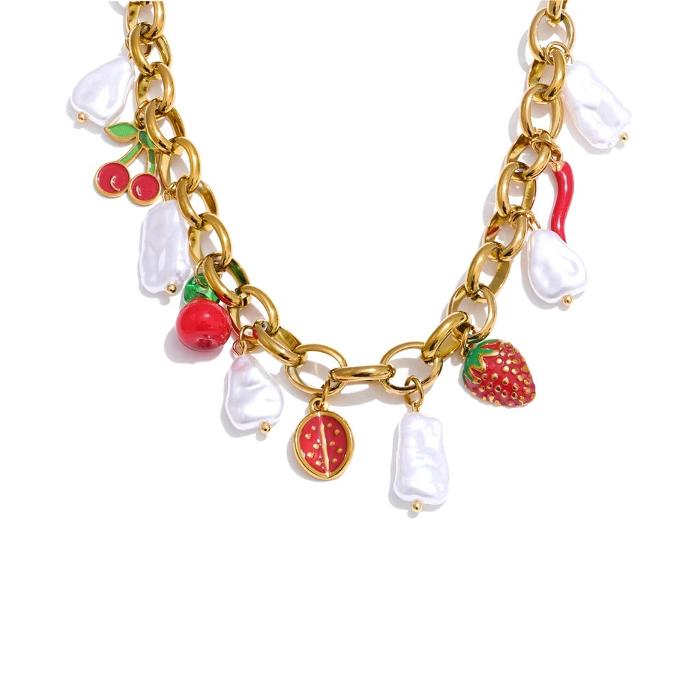 Simulated pearls strawberry cherry necklace bracelet set - product image