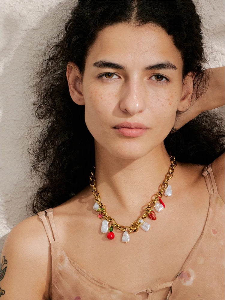 Simulated pearls strawberry cherry necklace bracelet set - product image
