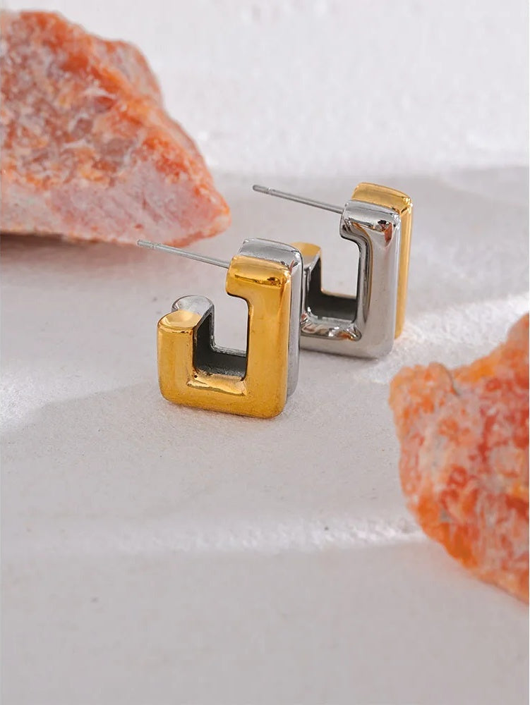 Square abstract double color hoop earrings women - product image