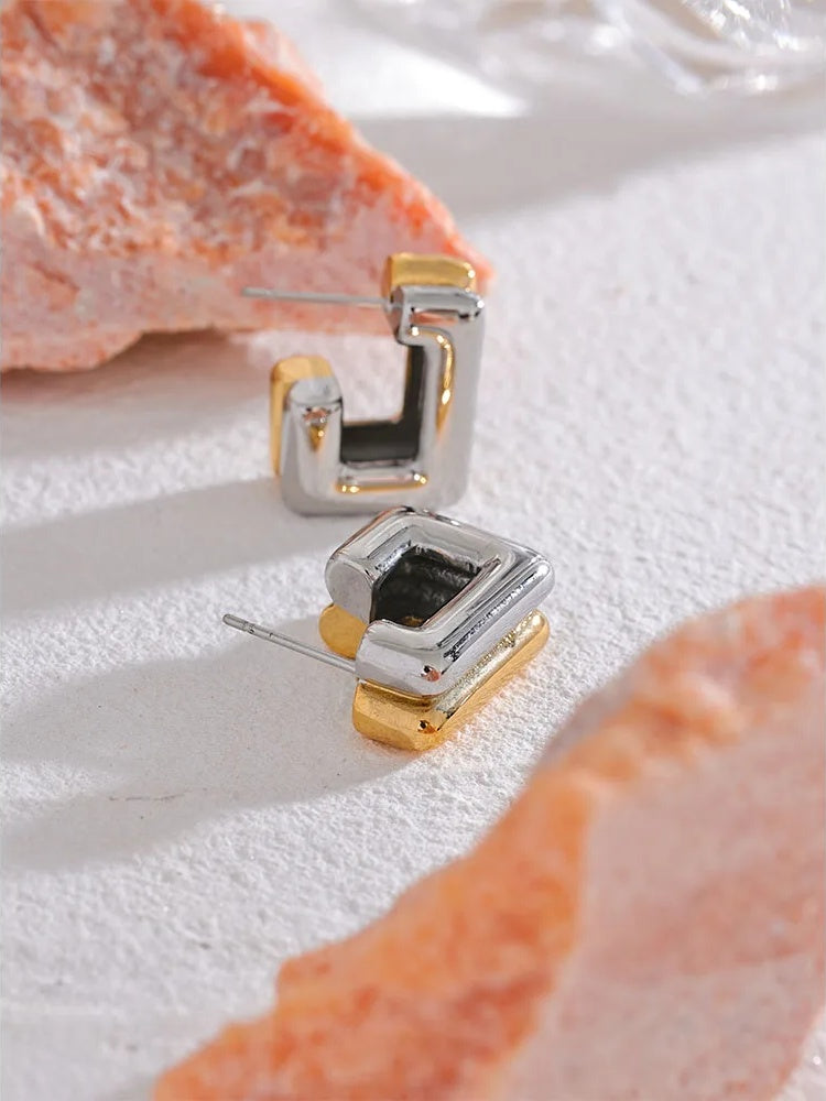 Square abstract double color hoop earrings women - product image