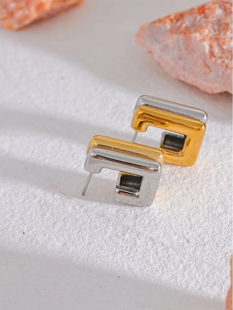Square abstract double color hoop earrings women - product image