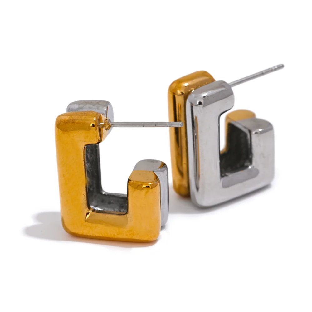 Square abstract double color hoop earrings women - product image