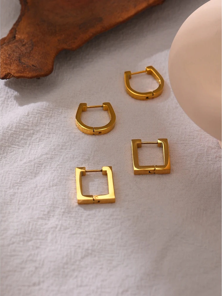 Square golden statement metal hoop earrings - product image