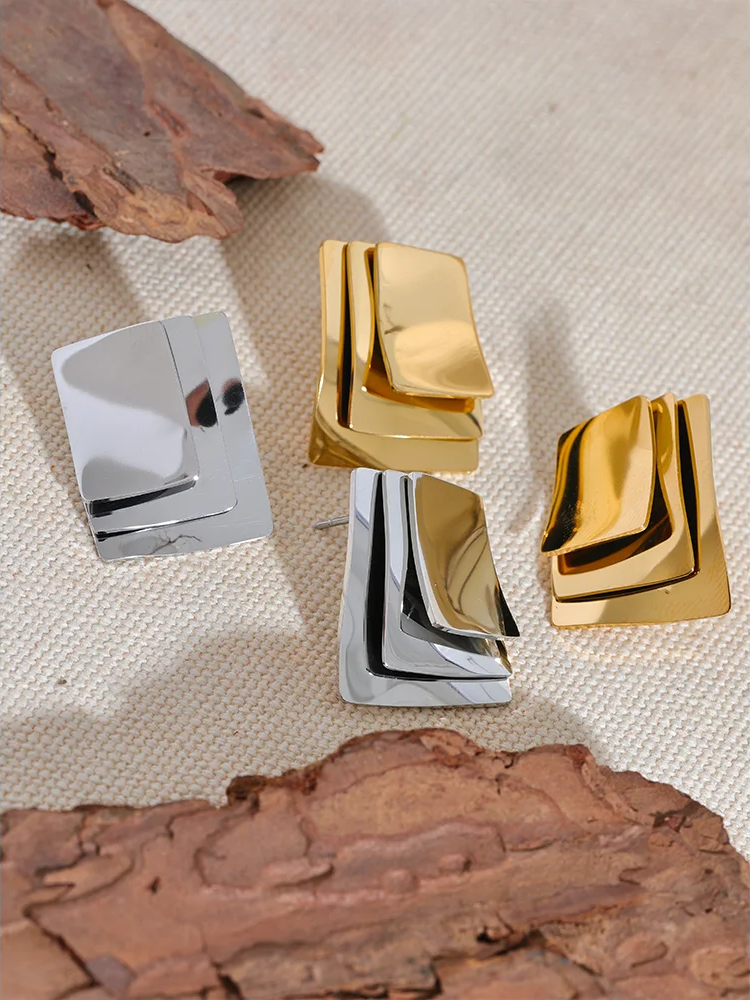 Square layered overlay push-back stud earrings - product image