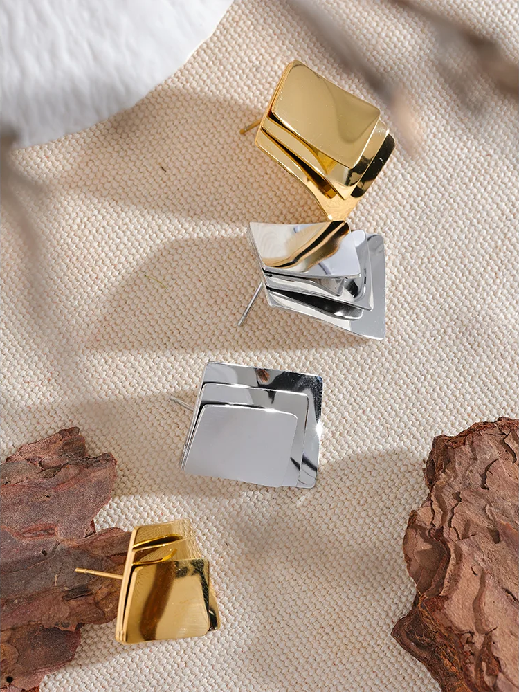 Square layered overlay push-back stud earrings - product image