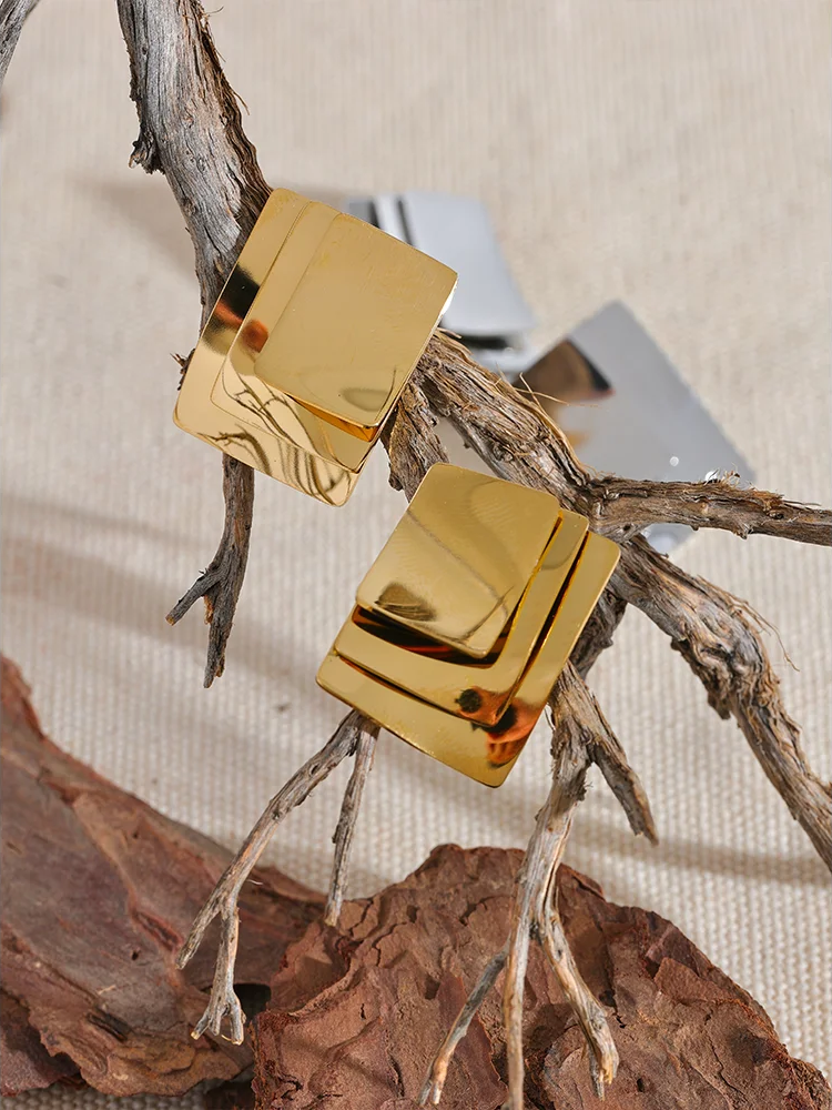 Square layered overlay push-back stud earrings - product image