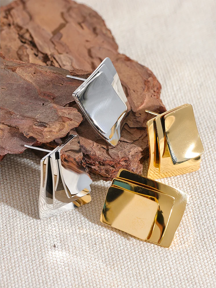Square layered overlay push-back stud earrings - product image