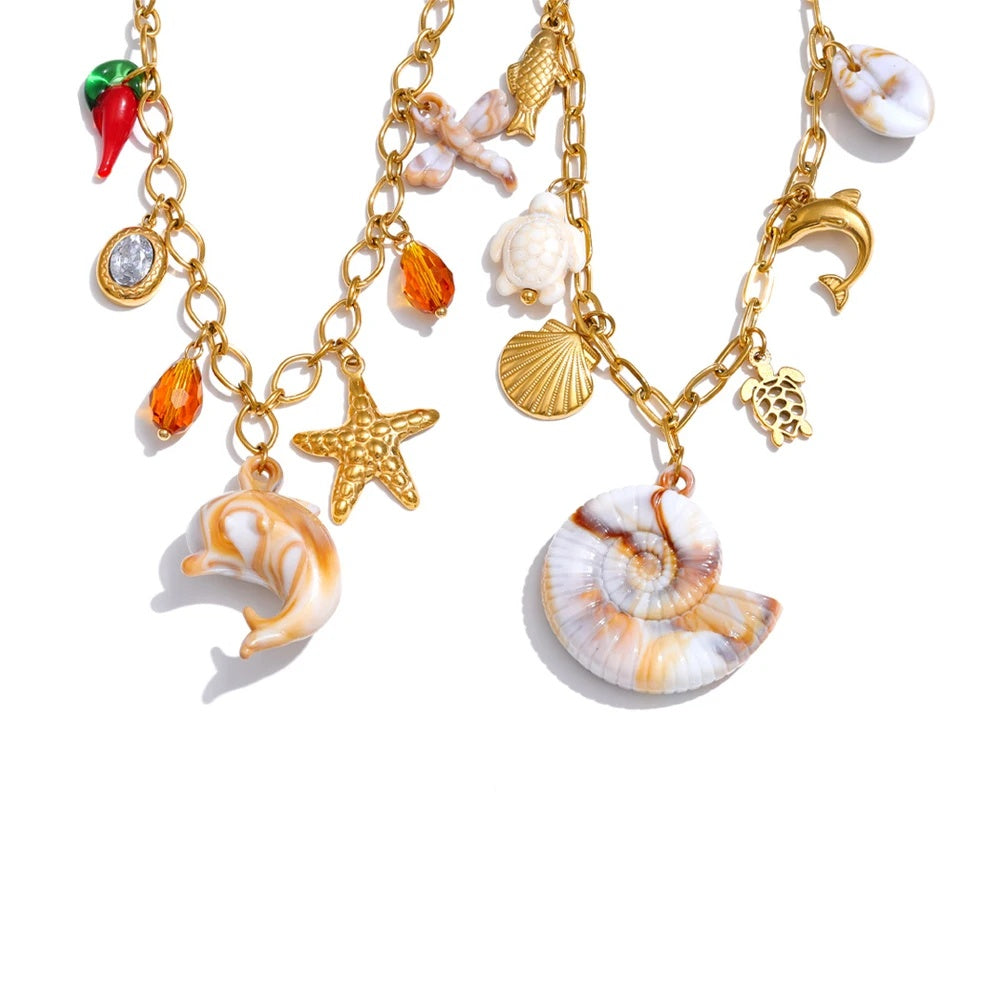 Starfish shell resin dolphin conch pendant necklace - product image
