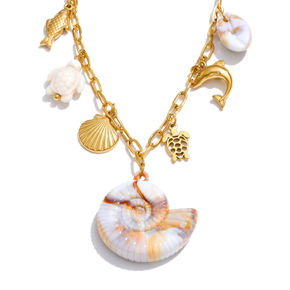 Starfish shell resin dolphin conch pendant necklace - product image