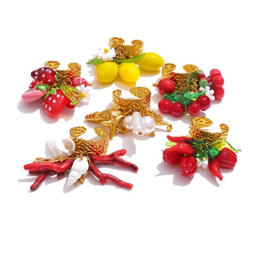 Strawberry cherry shell resin adjustable ring - product image