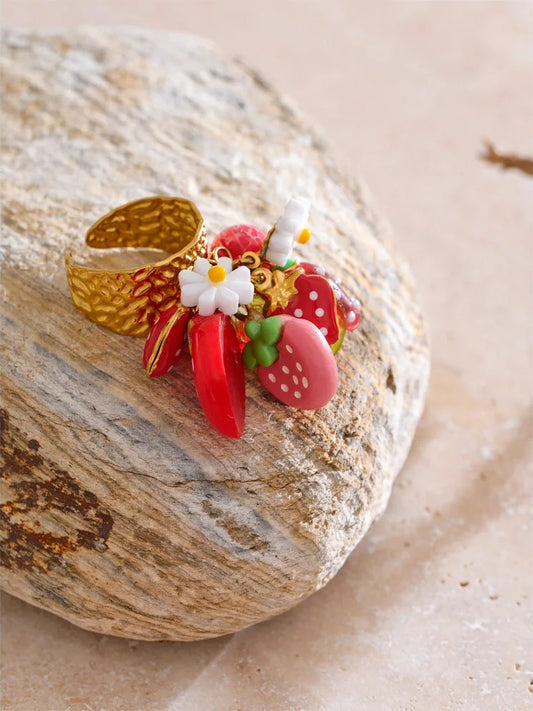 Strawberry cherry shell resin adjustable ring - product image