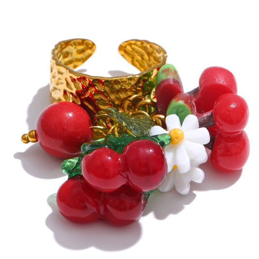 Strawberry cherry shell resin adjustable ring - product image