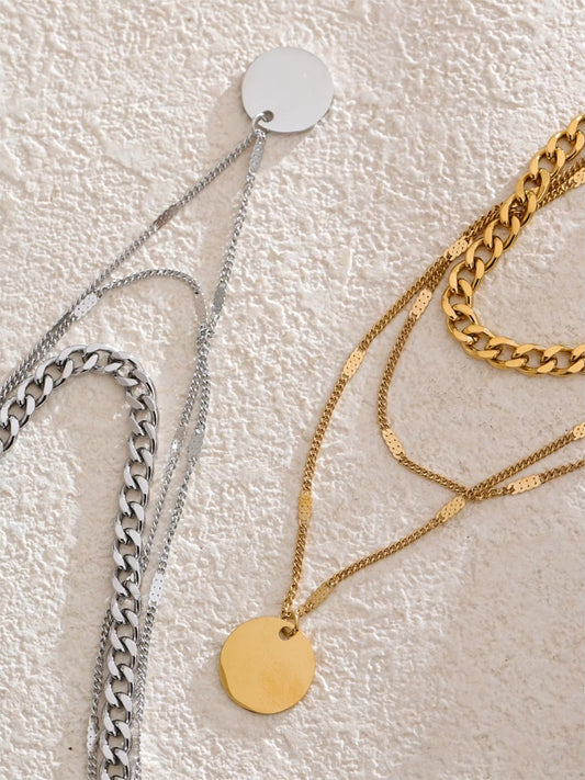 Waterproof layered cuban chain round pendant necklace - product image