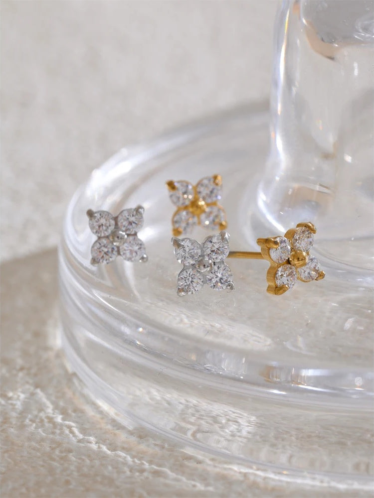 Waterproof shiny cubic zirconia flower sweet stud earrings - product image