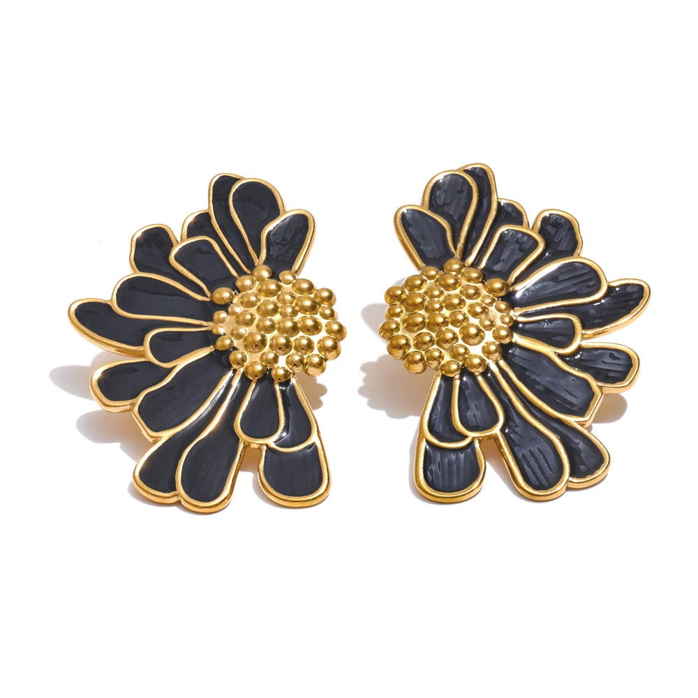 White black enamel flower statement stud earrings - product image