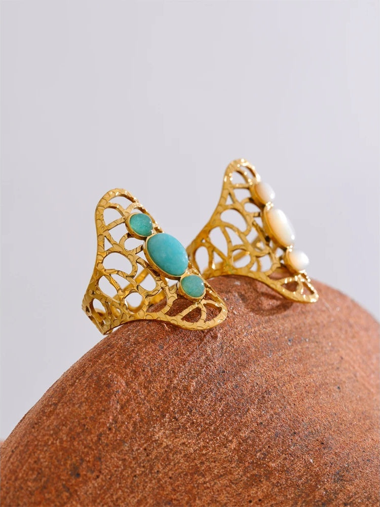 White blue natural stone hollow adjustable ring - product image