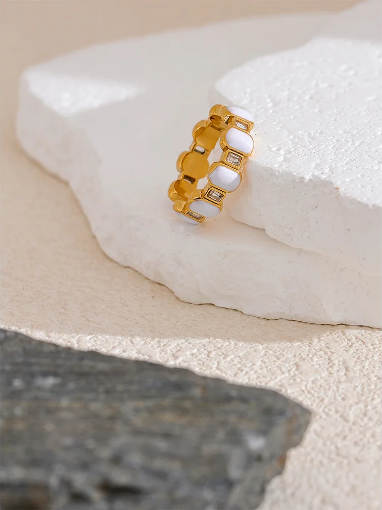 White enamel cubic zircon modern ring - product image