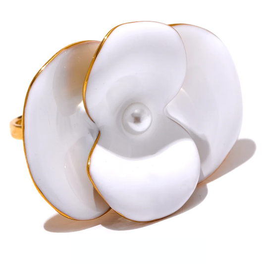 White enamel flower adjustable waterproof women's ring - product image