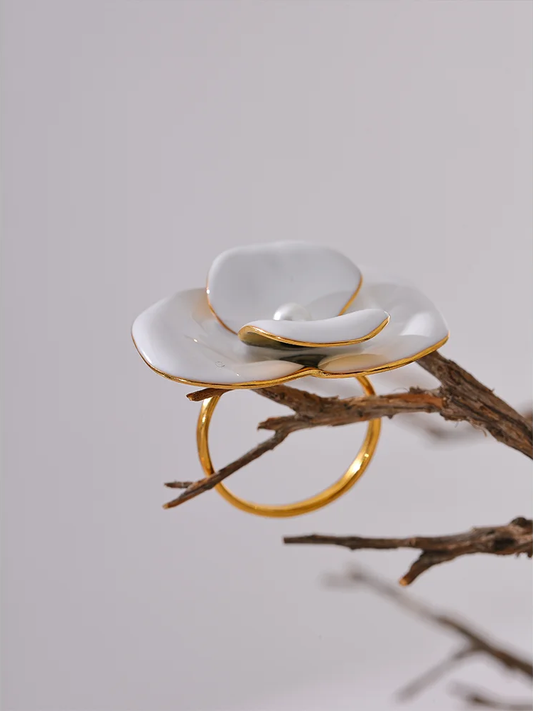White enamel flower adjustable waterproof women's ring - product image