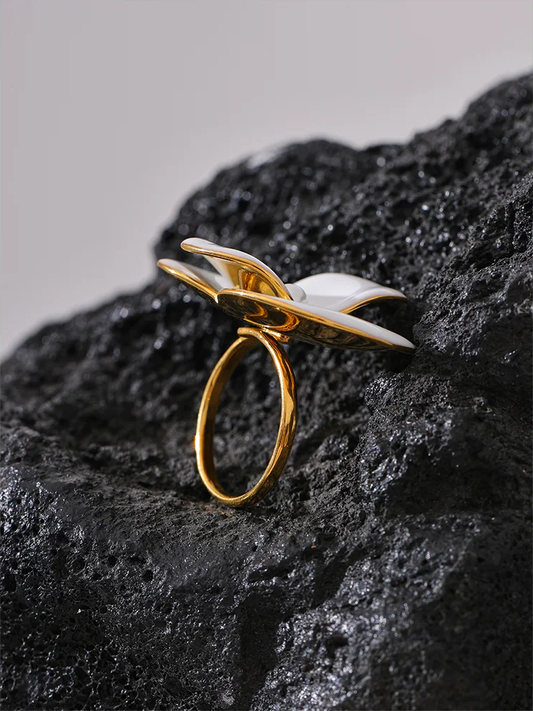 White enamel flower adjustable waterproof women's ring - product image