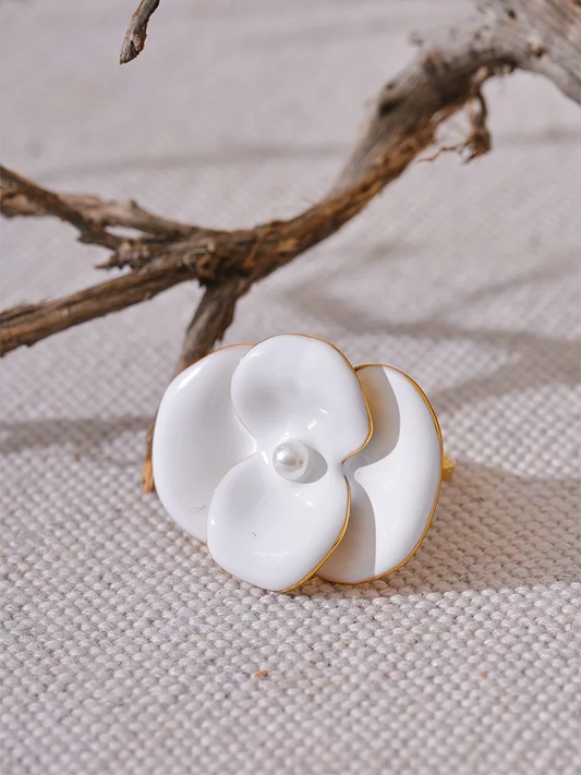 White enamel flower adjustable waterproof women's ring - product image
