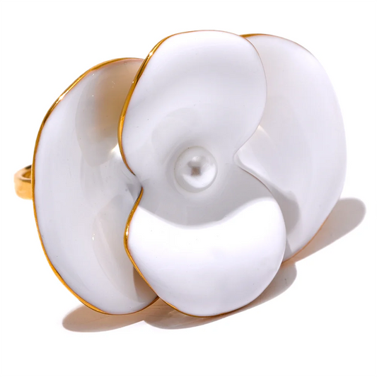White enamel flower adjustable waterproof women's ring - product image