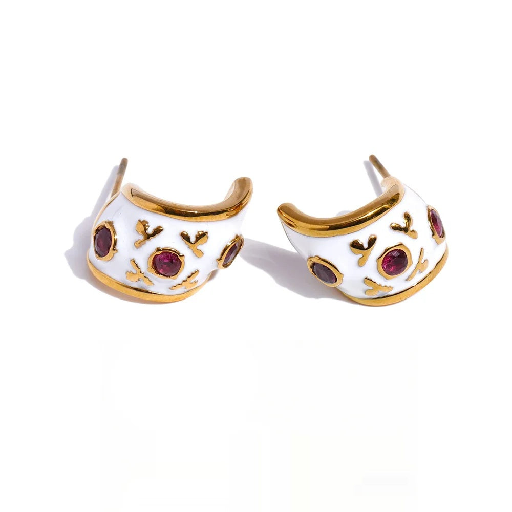 White enamel zirconia c-shape huggie earrings women's - product image