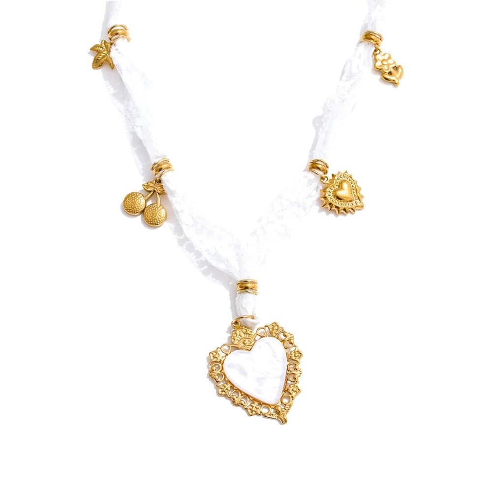 White lace cherry heart shell pendant necklace - product image