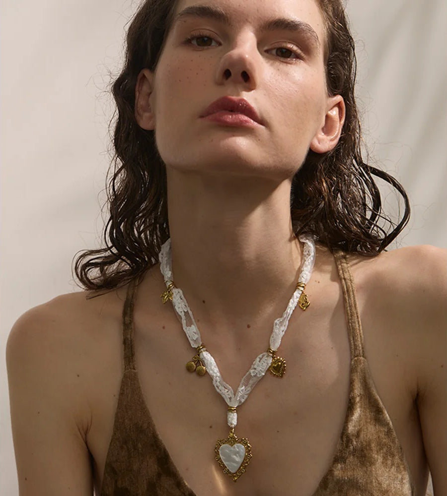 White lace cherry heart shell pendant necklace - product image