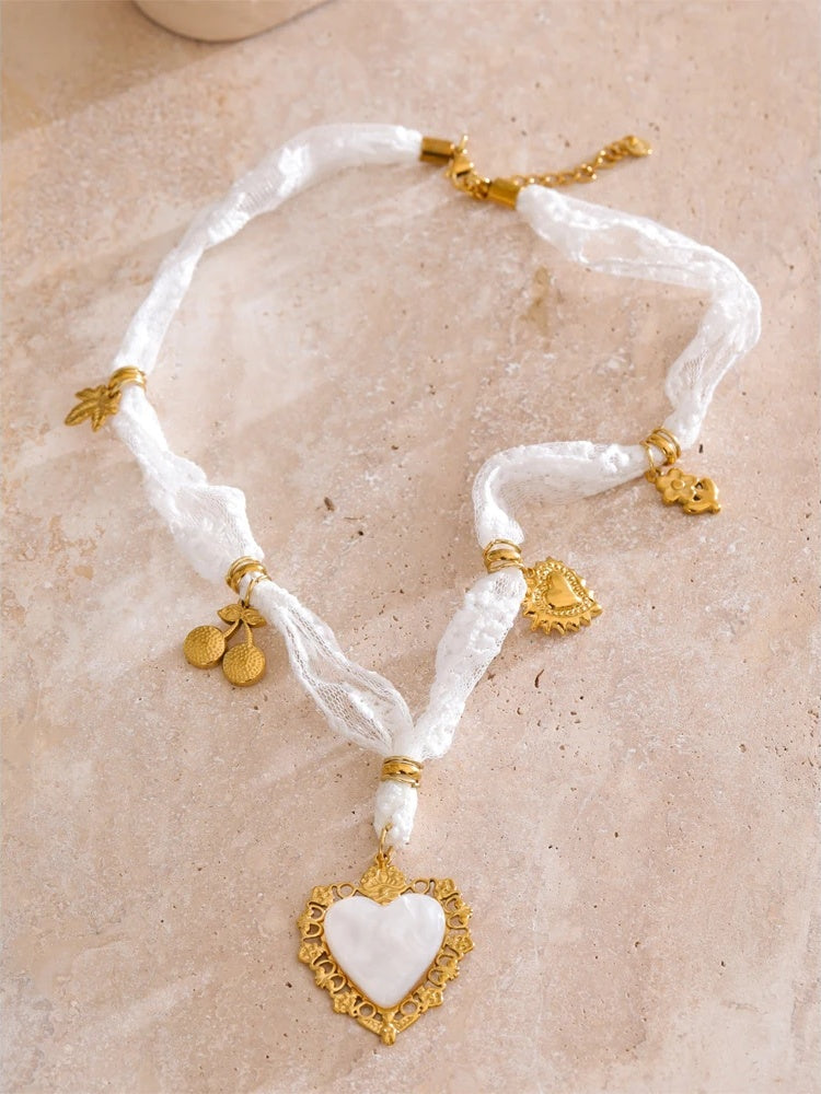 White lace cherry heart shell pendant necklace - product image