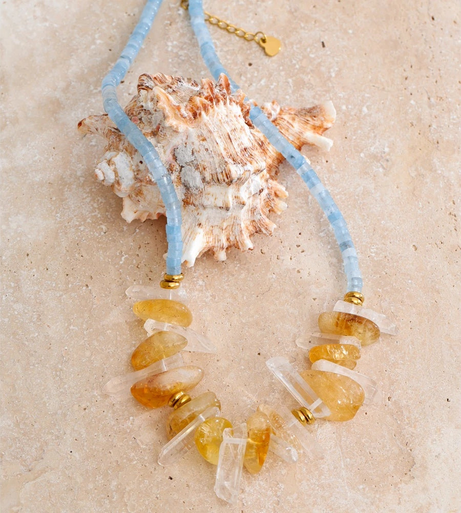 White yellow crystal drop stone pendant necklace - product image