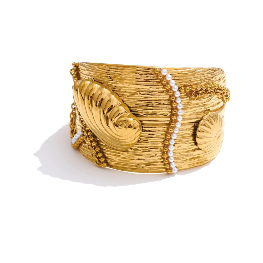 Wide ocean conch shell open statement bracelet - product image