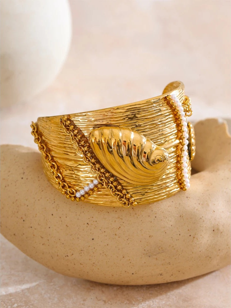 Wide ocean conch shell open statement bracelet - product image