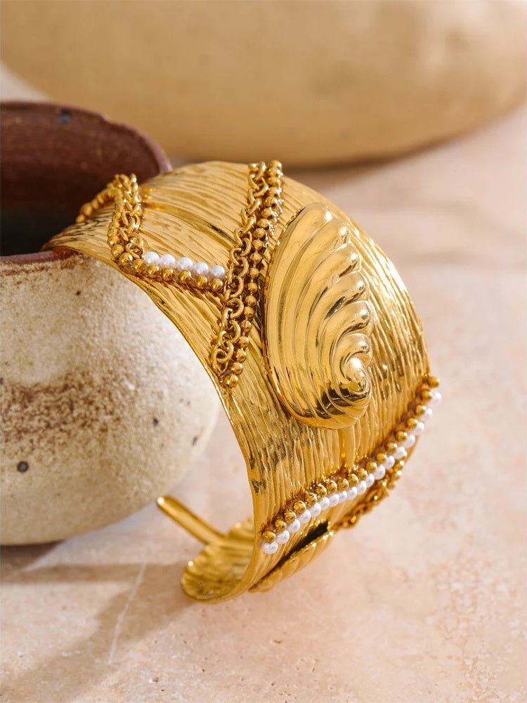 Wide ocean conch shell open statement bracelet - product image